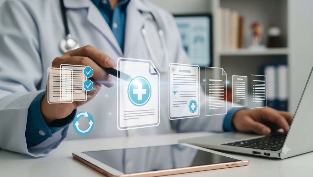 Doctor working with digital medical records on a laptop and tablet