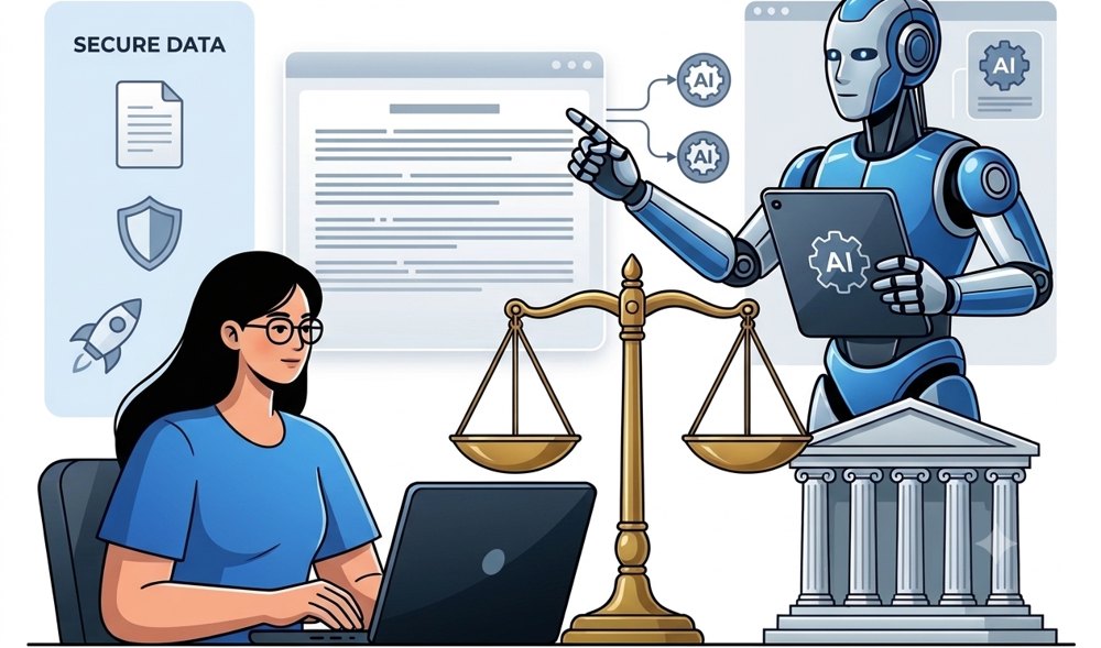 Illustration of a lawyer at a laptop working alongside an AI assistant, with the scales of justice and a courthouse
