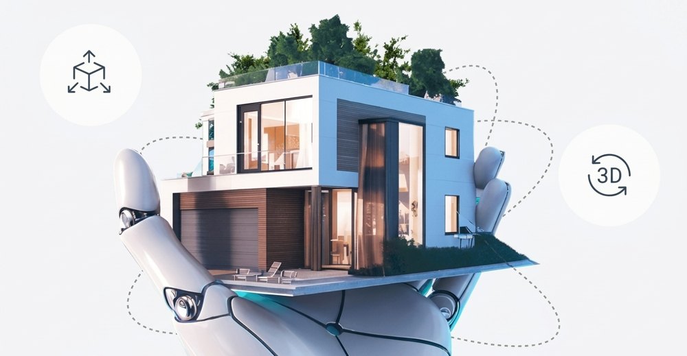 Robotic hand holding a model of a modern house