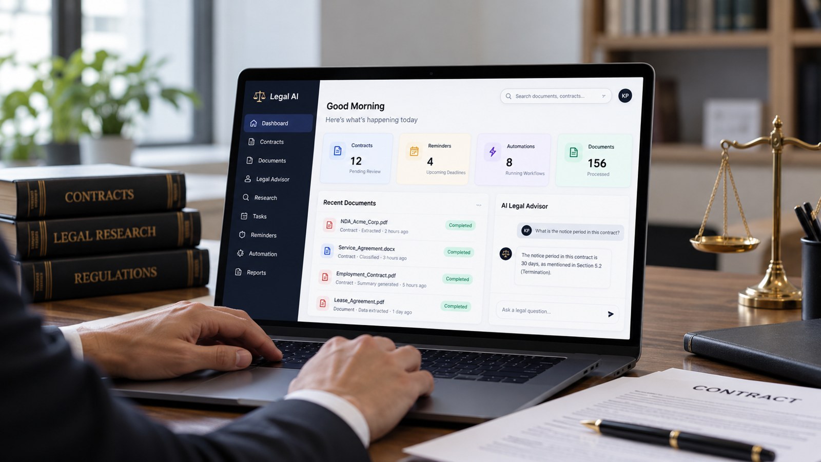 StirAI legal and document assistant on a laptop: contracts pending review, upcoming deadlines, running automations, processed documents, recent agreements and an AI advisor answering a question about a contract's notice period